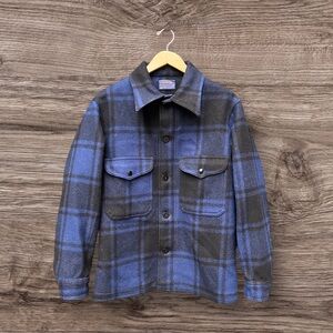 Pendleton 100% Virgin Wool Blue/Black Plaid Field Lumber Jacket, sz Medium